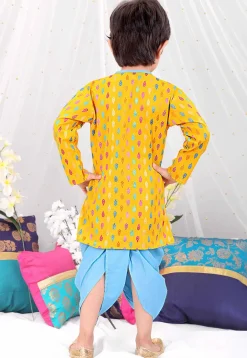 Woven Pure Cotton Jacquard Kurta Set in Yellow