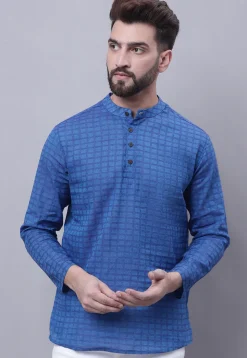 Woven Pure Cotton Jacquard Short Kurta in Blue
