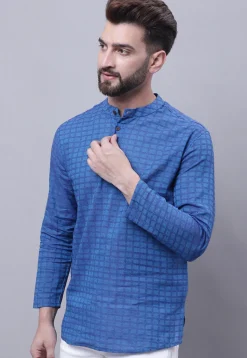 Woven Pure Cotton Jacquard Short Kurta in Blue