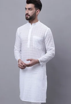 Woven Pure Cotton Jacquard Kurta in White