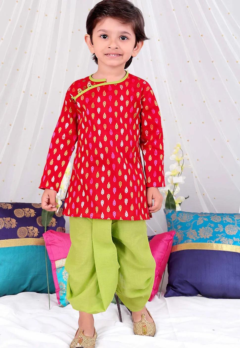 Woven Pure Cotton Jacquard Kurta Set in Red