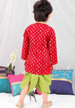 Woven Pure Cotton Jacquard Kurta Set in Red