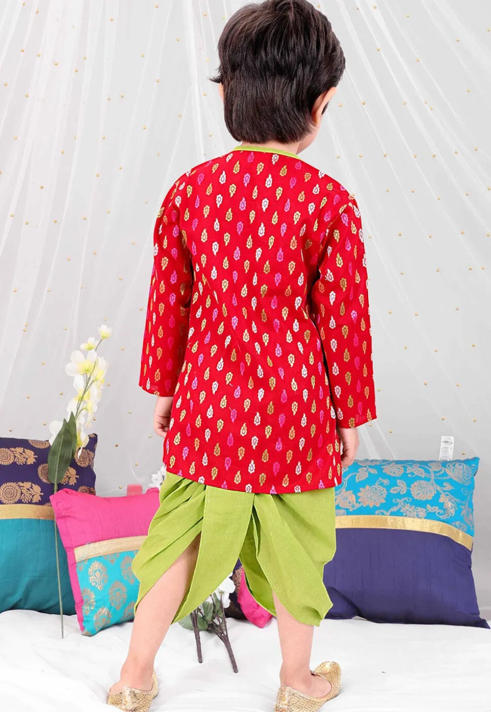 Woven Pure Cotton Jacquard Kurta Set in Red