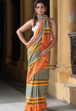Woven Pure Cotton Saree in Grey and Multicolor