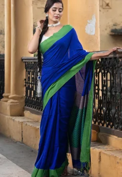 Woven Pure Cotton Saree in Royal Blue