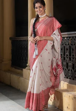 Woven Pure Cotton Saree in Off White