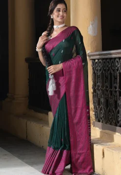 Woven Pure Cotton Saree in Dark Green