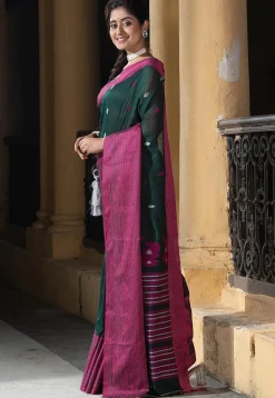 Woven Pure Cotton Saree in Dark Green