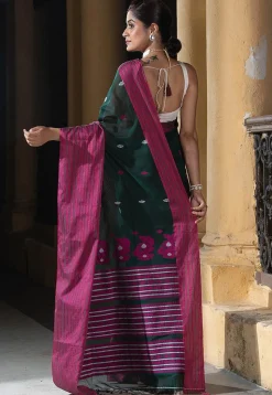 Woven Pure Cotton Saree in Dark Green