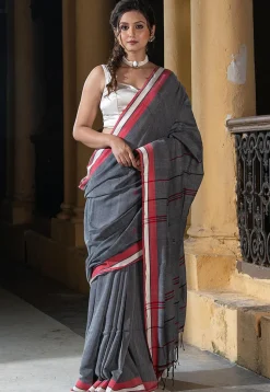 Woven Pure Cotton Saree in Dark Grey