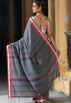 Woven Pure Cotton Saree in Dark Grey