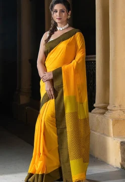 Woven Pure Cotton Saree in Yellow