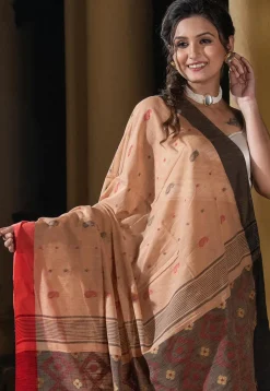 Woven Pure Cotton Saree in Light Brown
