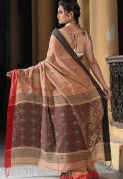 Woven Pure Cotton Saree in Light Brown