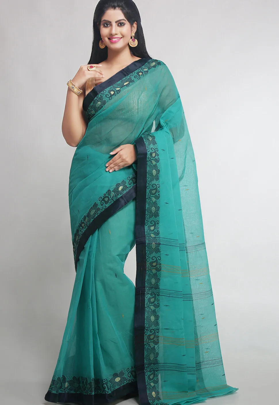 Woven Pure Cotton Tant Saree in Sea Green