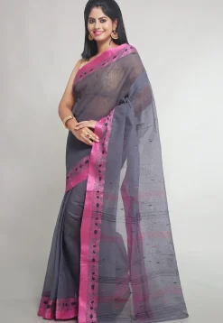 Woven Pure Cotton Tant Saree in Grey