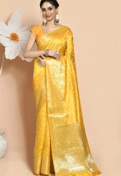 Woven Pure Dupion Silk Saree in Yellow