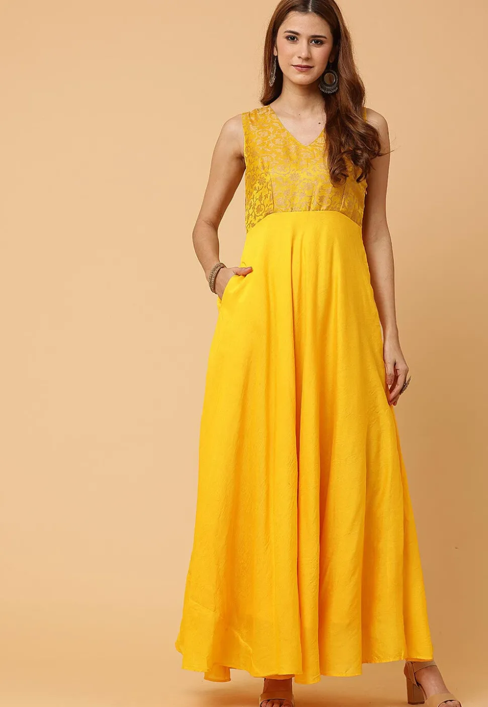 Woven Pure Silk Maxi Dress in Yellow