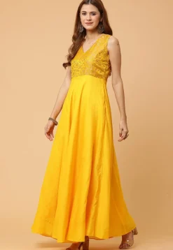 Woven Pure Silk Maxi Dress in Yellow