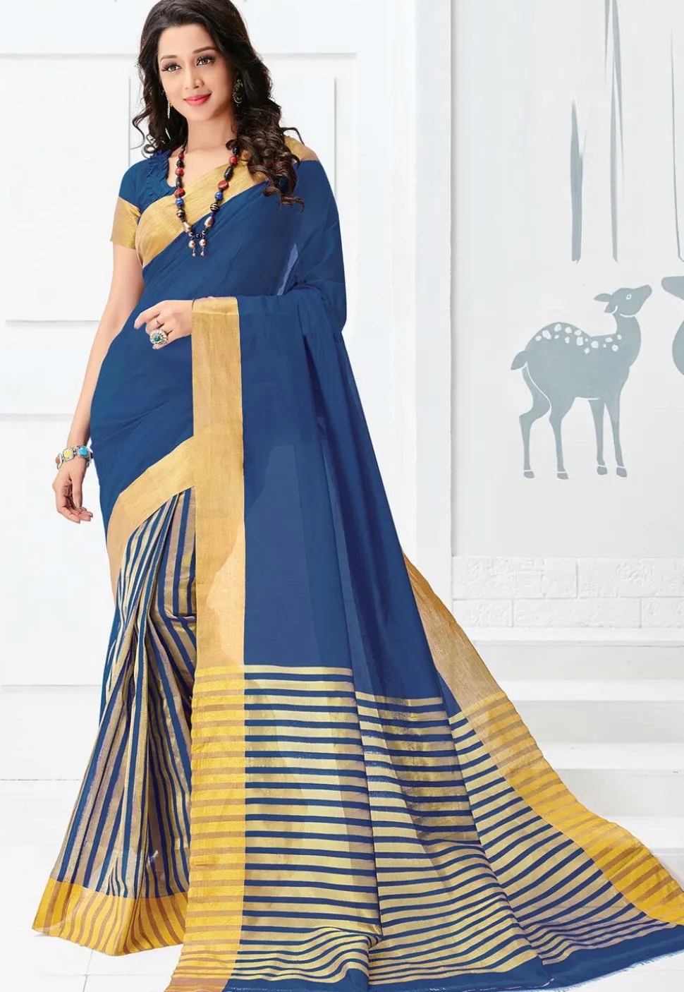 Woven Pure South Cotton Saree in Navy Blue