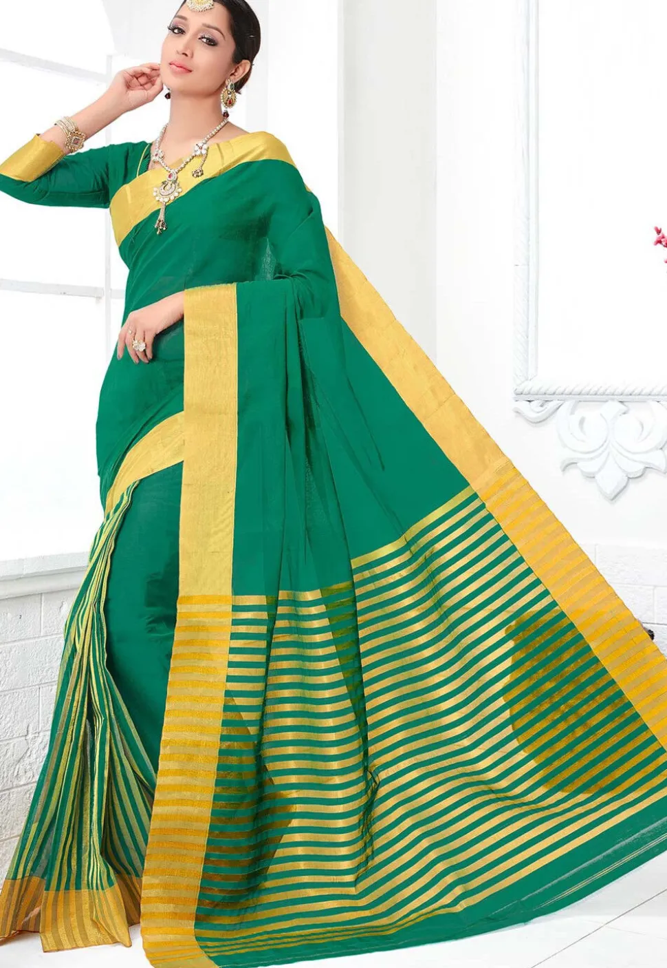 Woven Pure South Cotton Saree in Dark Teal Green