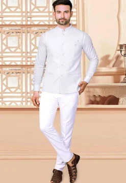 Woven Rayon Jacquard Bandhgala in Off White