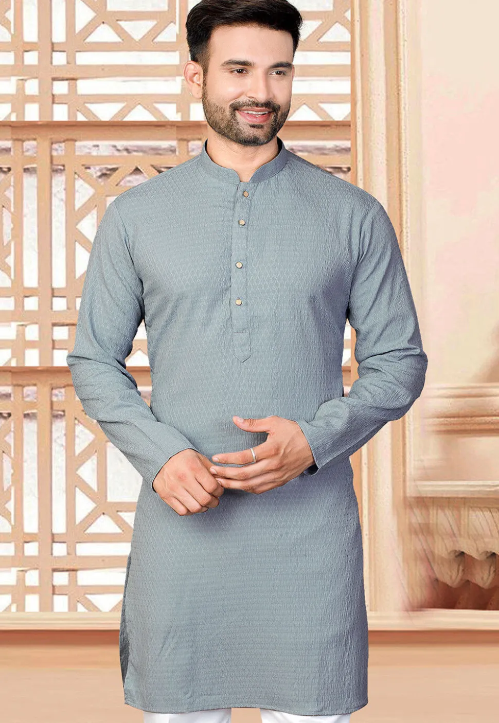Woven Rayon Jacquard Kurta in Grey