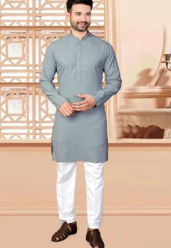 Woven Rayon Jacquard Kurta Set in Grey