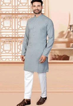 Woven Rayon Jacquard Kurta Set in Grey