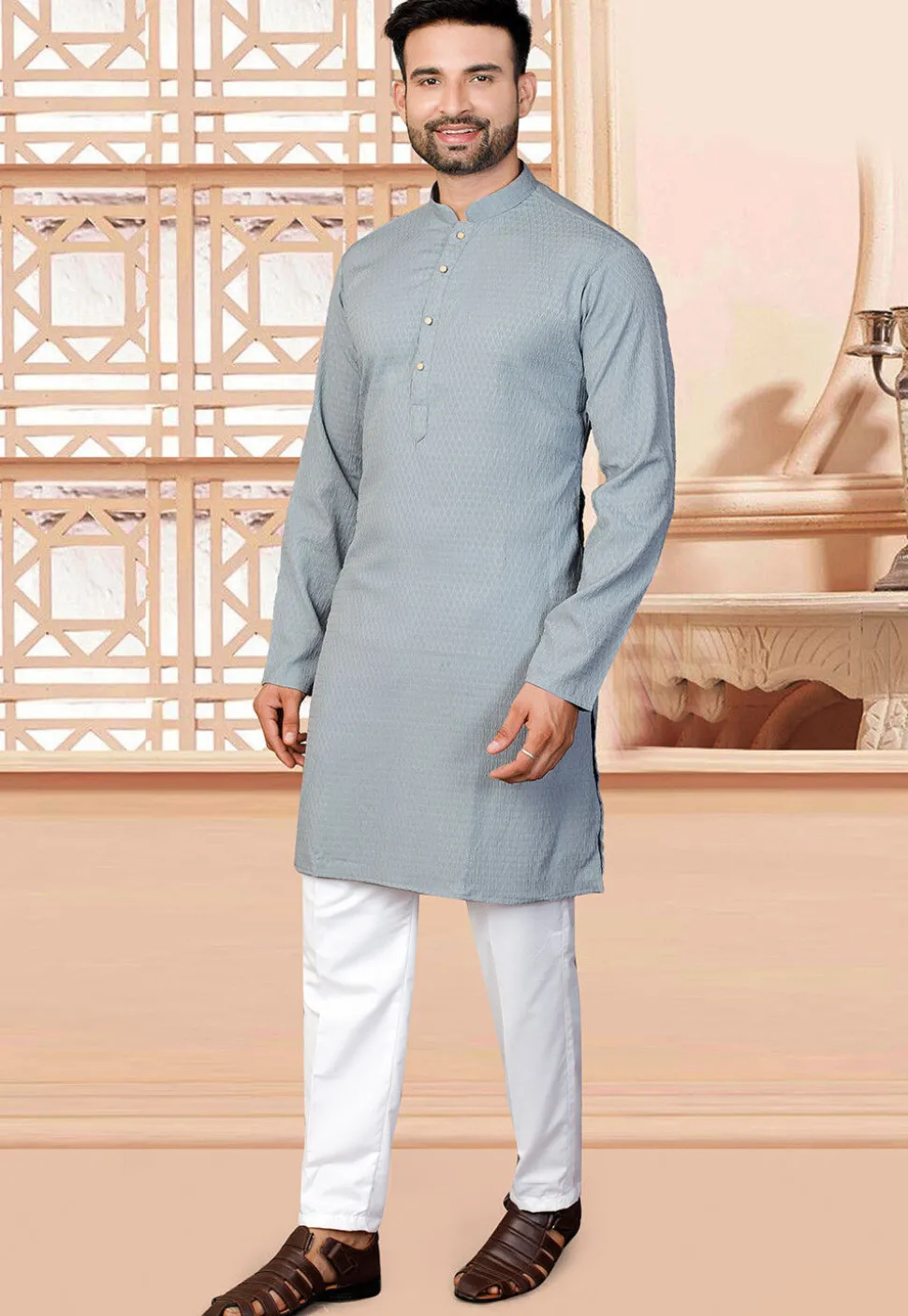 Woven Rayon Jacquard Kurta Set in Grey