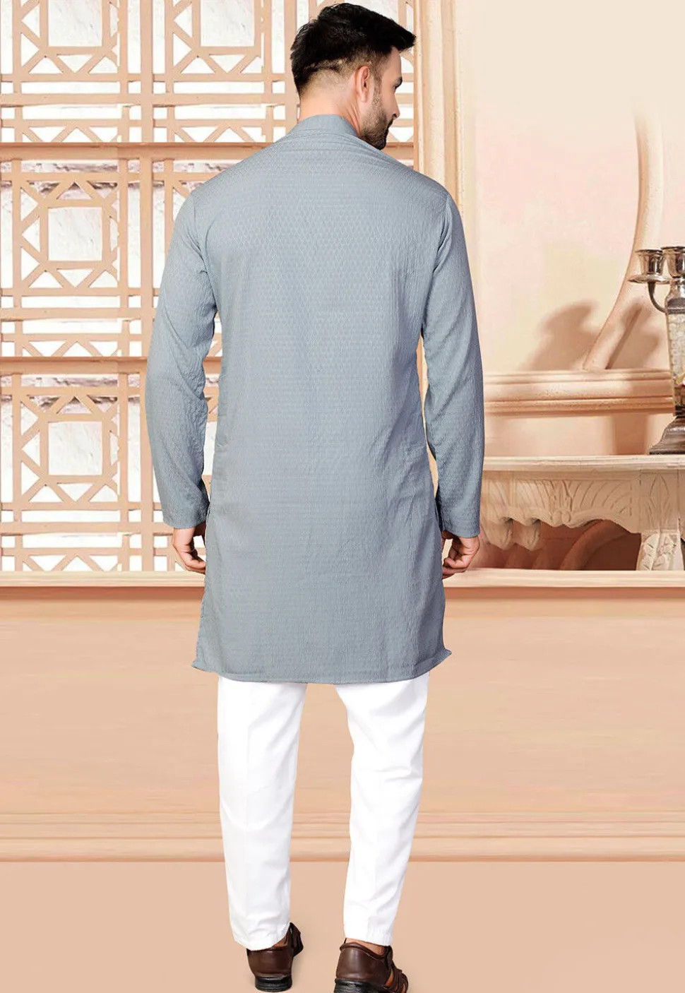 Woven Rayon Jacquard Kurta Set in Grey