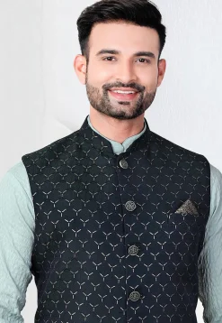 Woven Rayon Jacquard Kurta Set in Sea Green and Teal Blue
