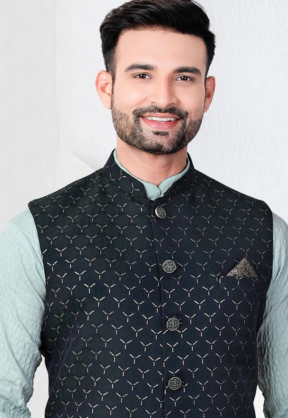 Woven Rayon Jacquard Kurta Set in Sea Green and Teal Blue