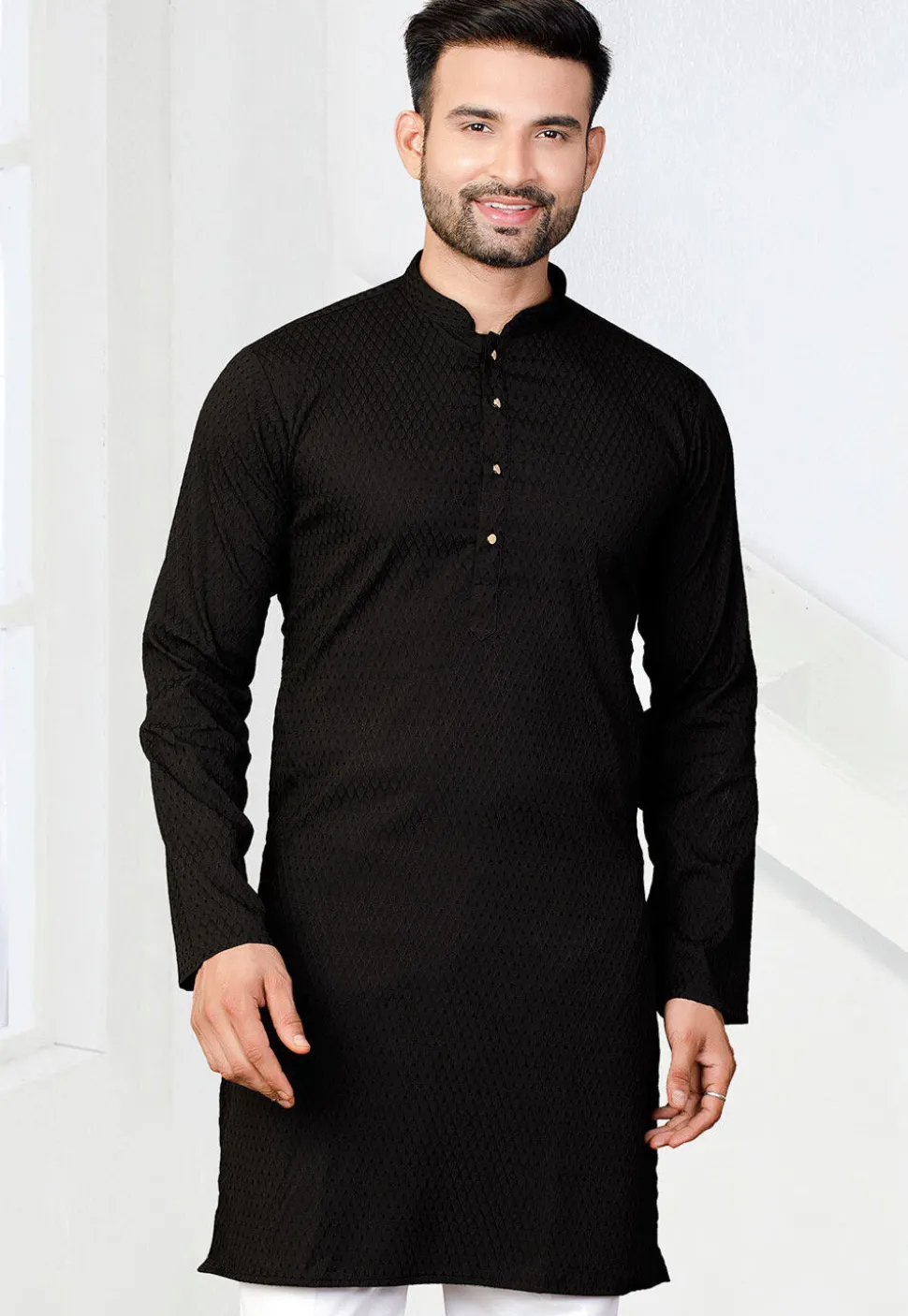 Woven Rayon Jacquard Kurta in Black