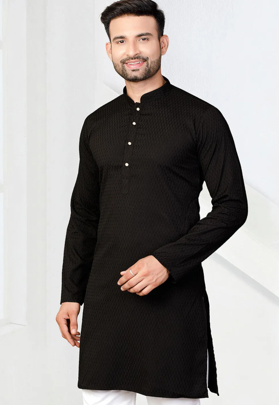Woven Rayon Jacquard Kurta in Black