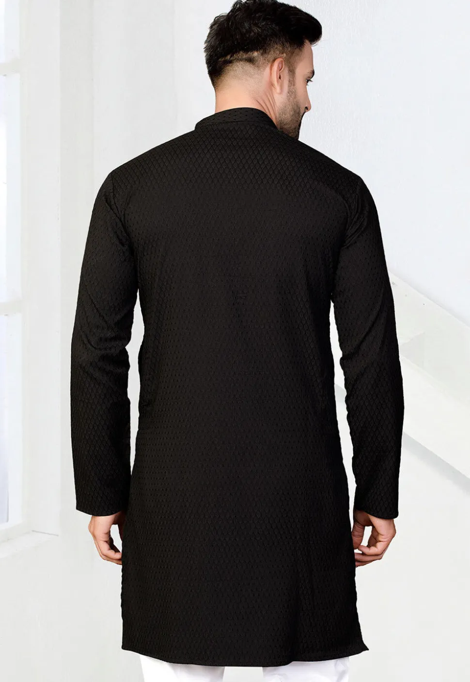 Woven Rayon Jacquard Kurta in Black