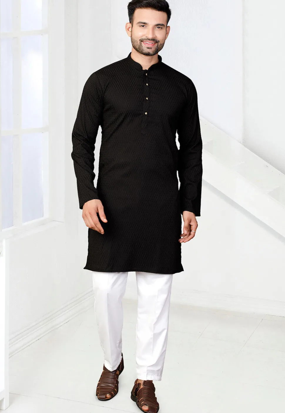 Woven Rayon Jacquard Kurta in Black