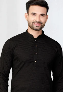 Woven Rayon Jacquard Kurta in Black