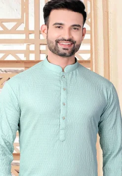Woven Rayon Jacquard Kurta in Sea Green