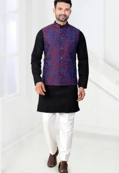 Woven Rayon Kurta Set in Black and Blue