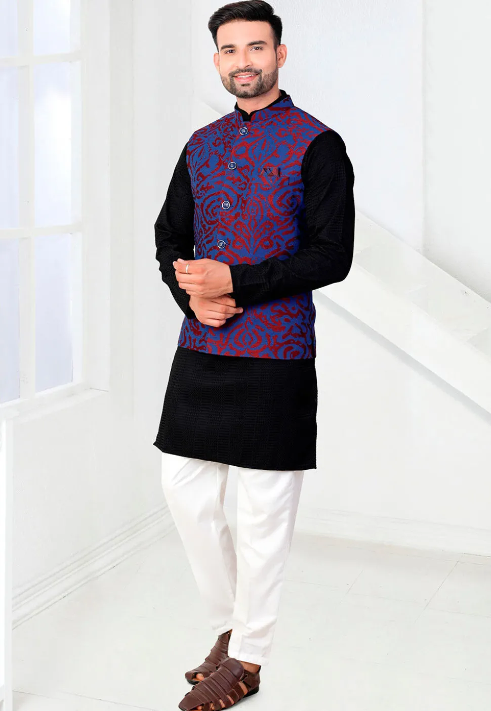 Woven Rayon Kurta Set in Black and Blue