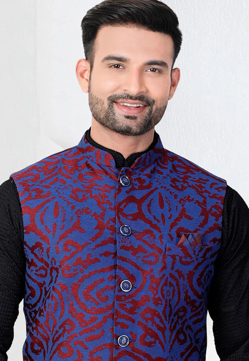 Woven Rayon Kurta Set in Black and Blue