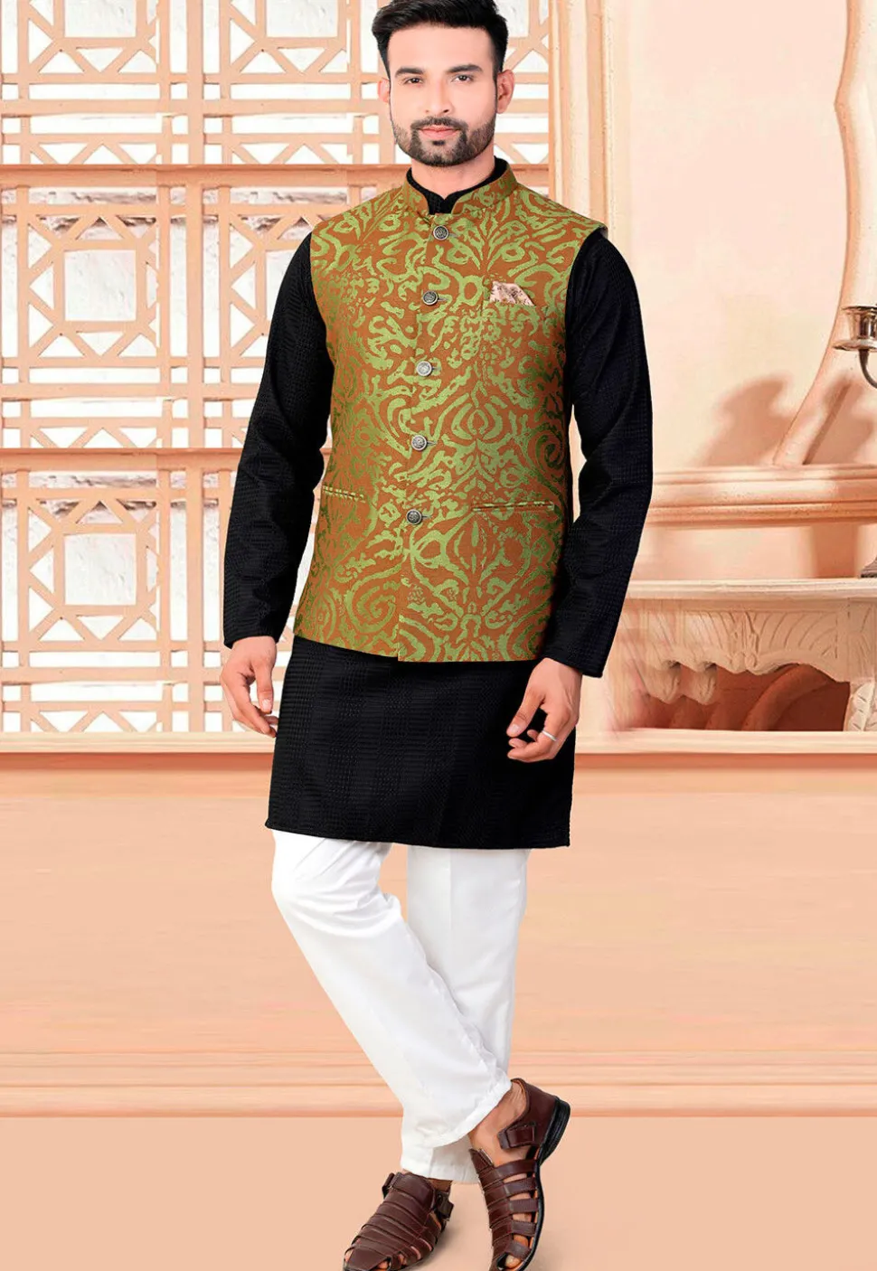 Woven Rayon Kurta Set in Black and Green
