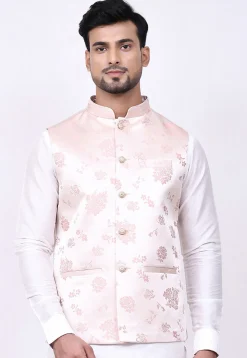 Woven Satin Jacquard Nehru Jacket in Light Pink