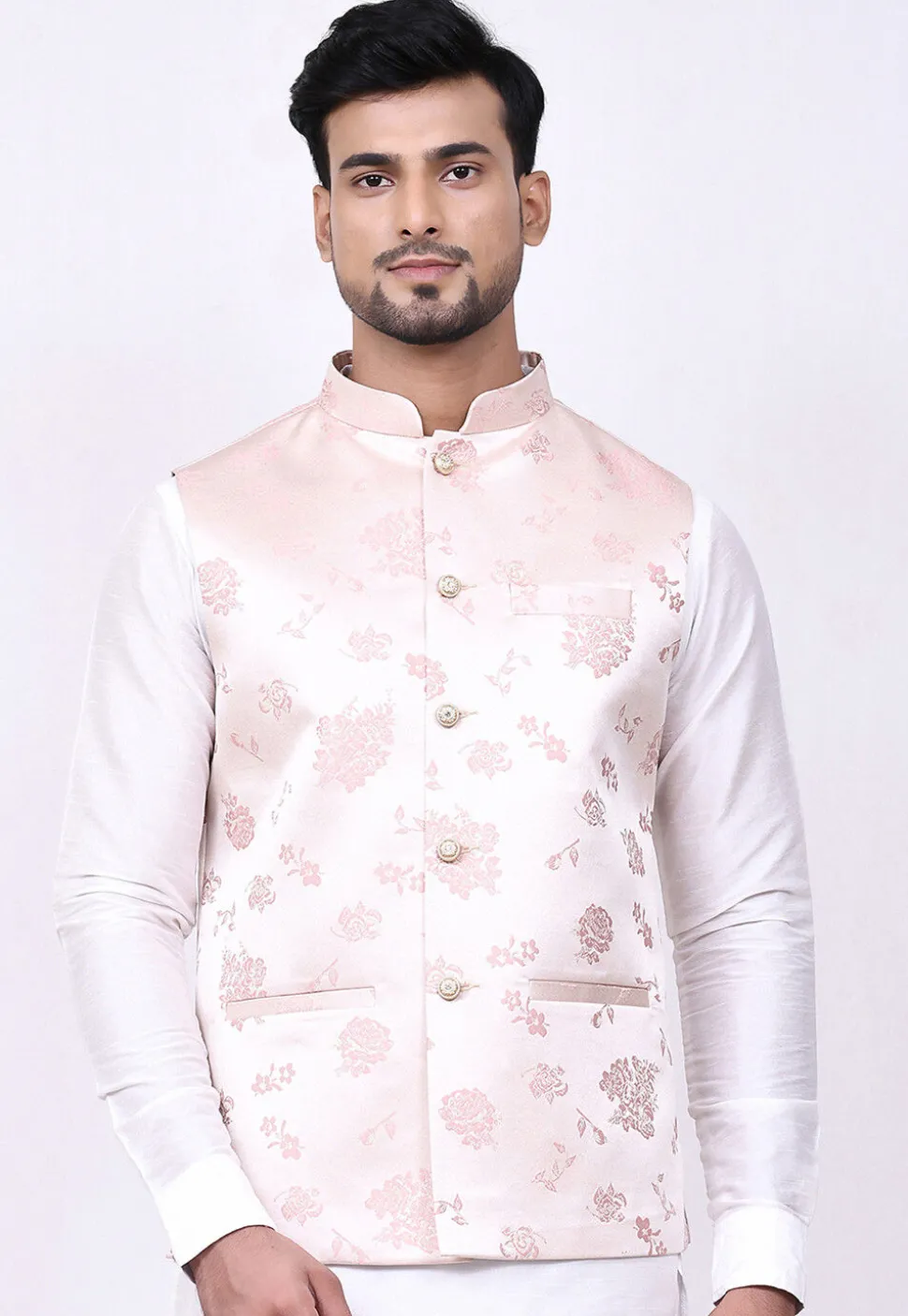 Woven Satin Jacquard Nehru Jacket in Light Pink