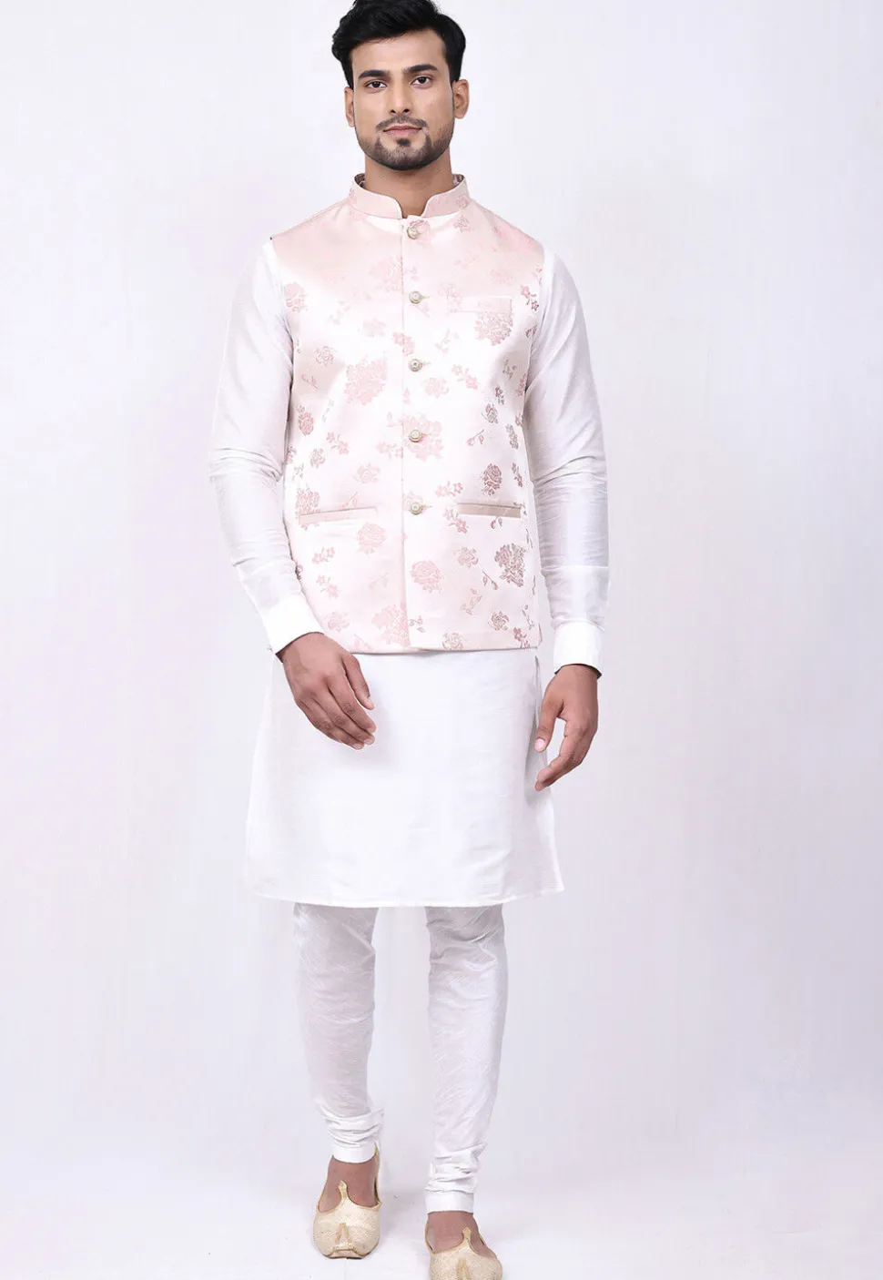 Woven Satin Jacquard Nehru Jacket in Light Pink
