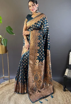 Woven Satin Silk Saree in Dark Teal Blue