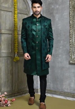 Woven Satin Silk Sherwani in Dark Teal Green
