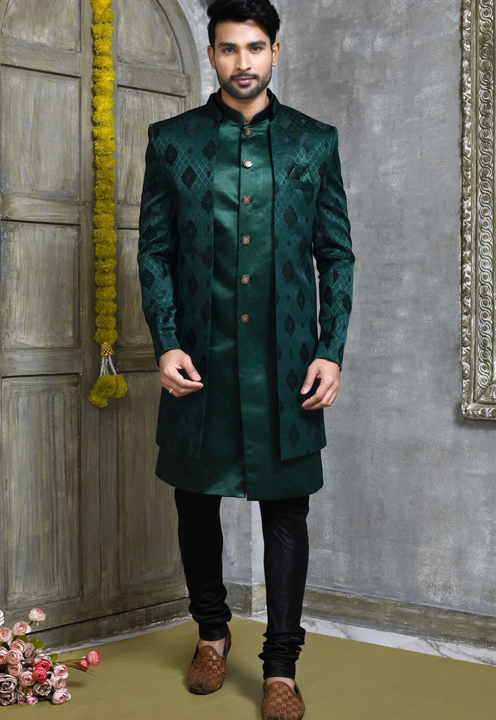 Woven Satin Silk Sherwani in Dark Teal Green
