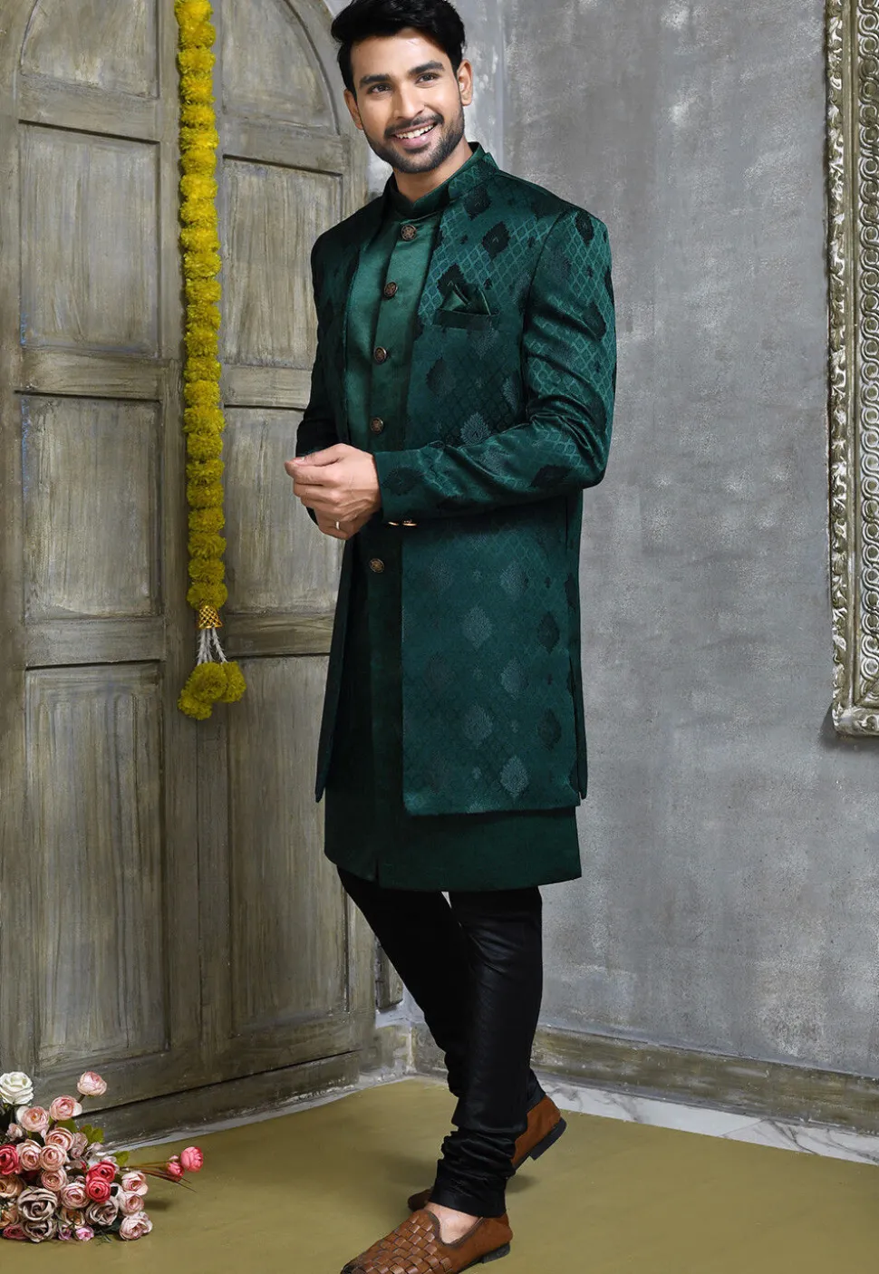 Woven Satin Silk Sherwani in Dark Teal Green